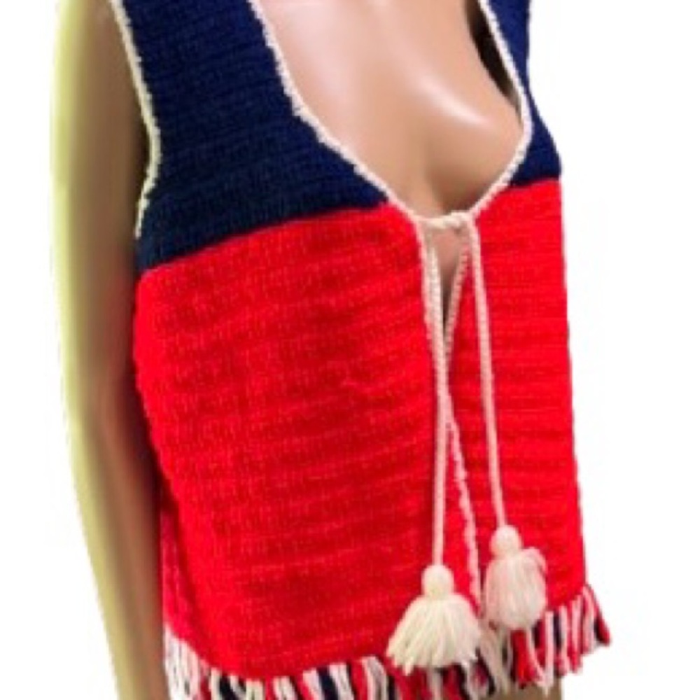 Vintage Red, White and Blue Hand -Knitted Vest with Fringe and Tassels, July 4th